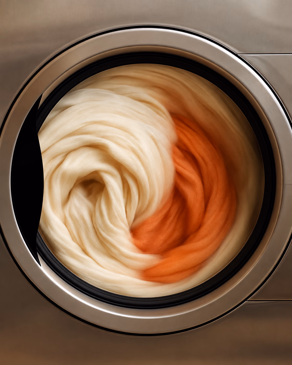 Laundry swirling inside a washing machine drum