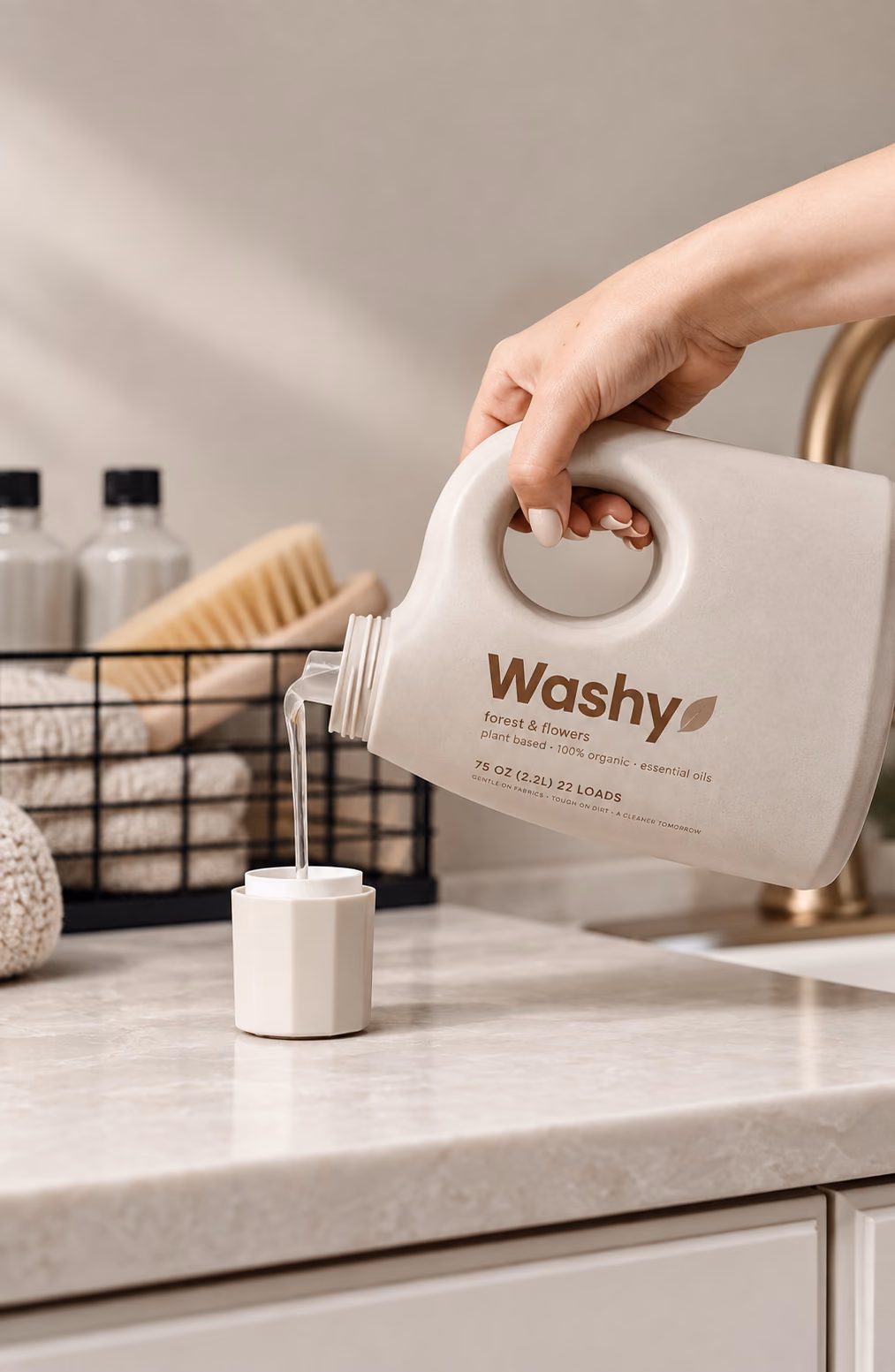 Pouring Washy detergent into a cap by the sink