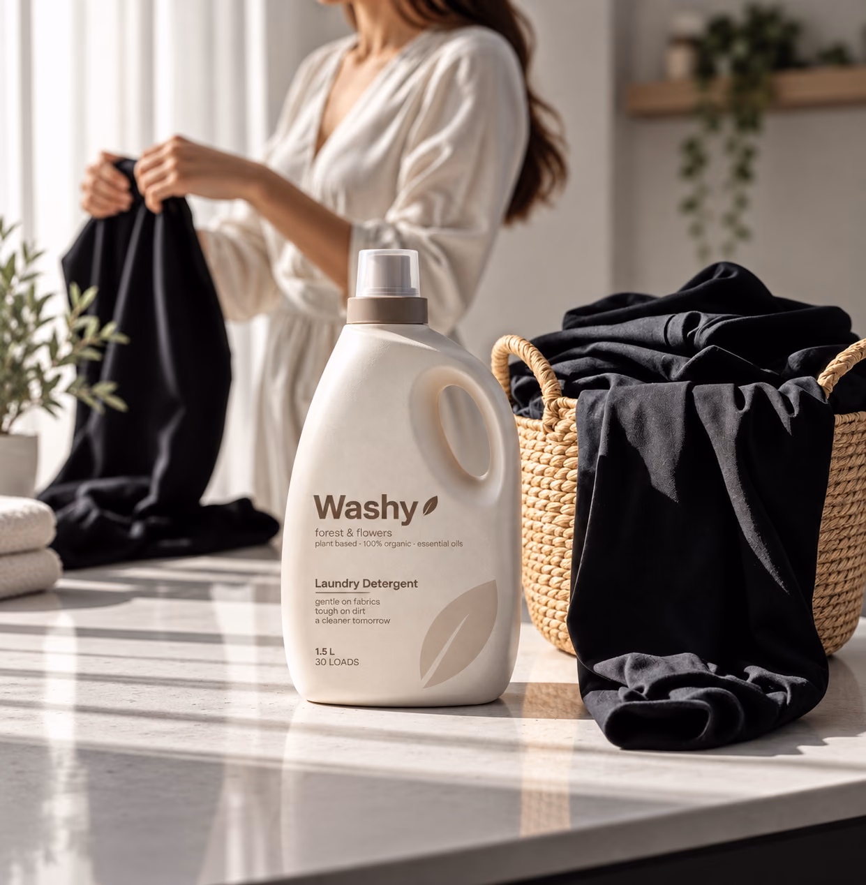Woman doing laundry next to a bottle of Washy