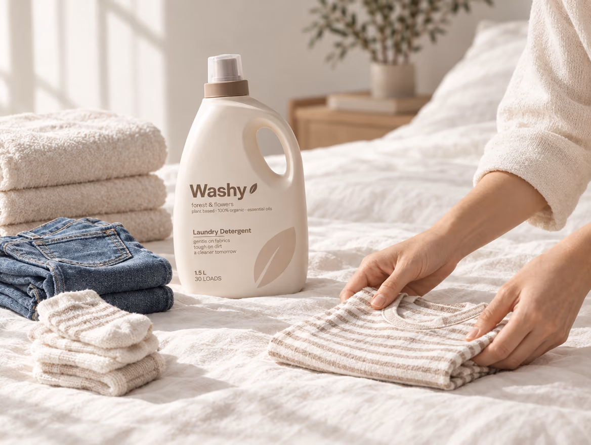 Hands folding a child’s striped t-shirt beside a bottle of Washy