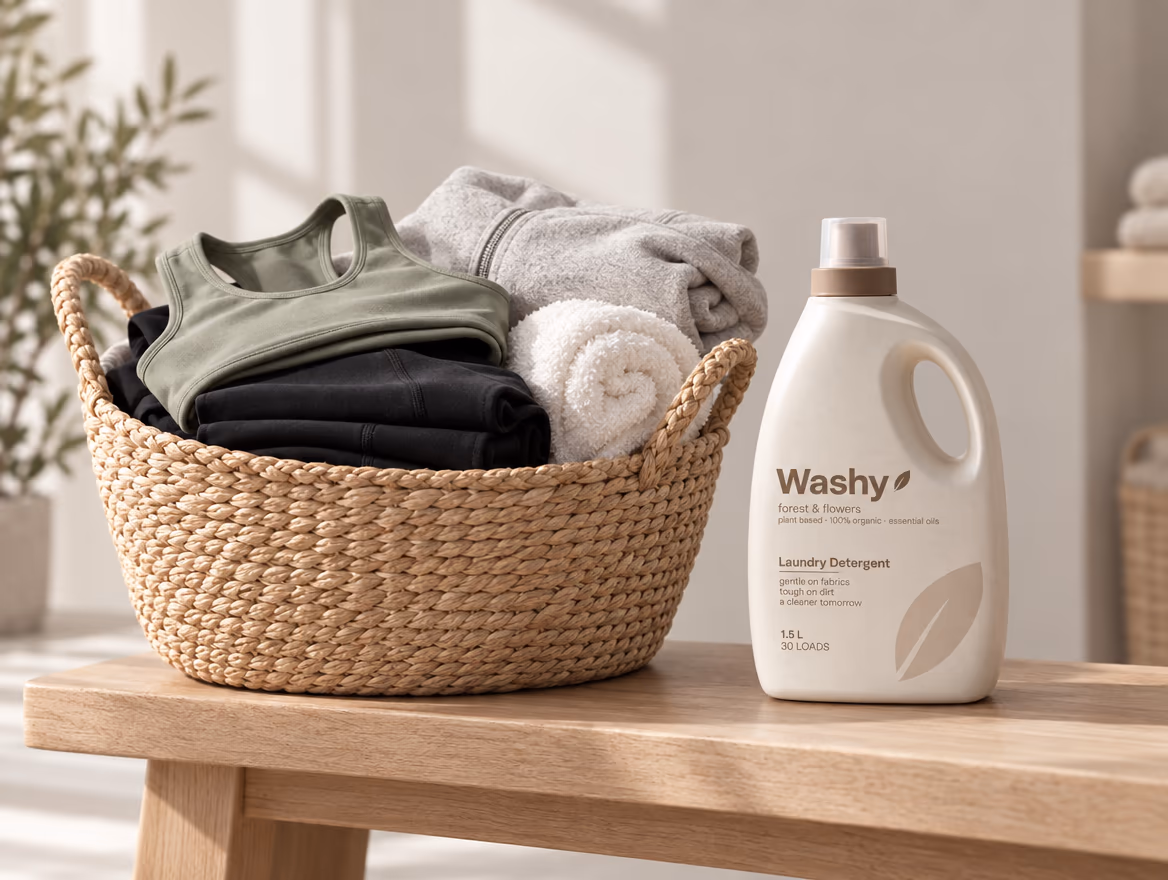 Basket of freshly washed workout clothes next to a bottle of Washy