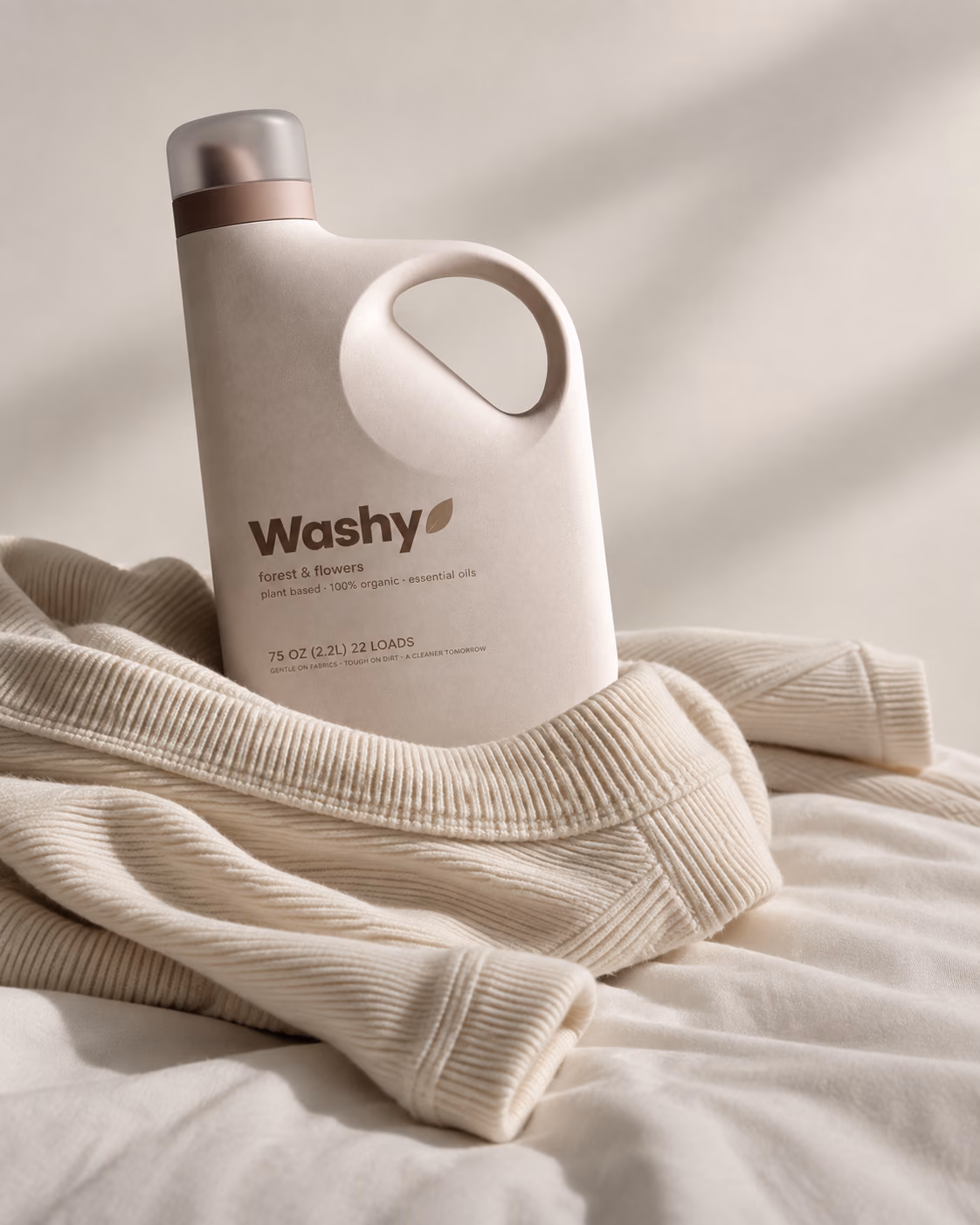 Washy bottle on a pile of fresh laundry