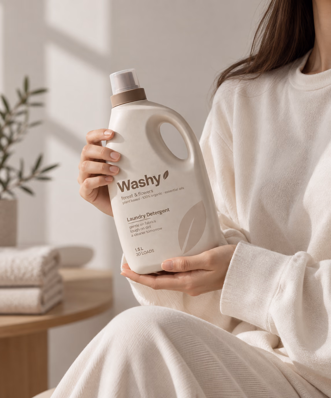 Woman in a cream wool sweater holding a bottle of Washy